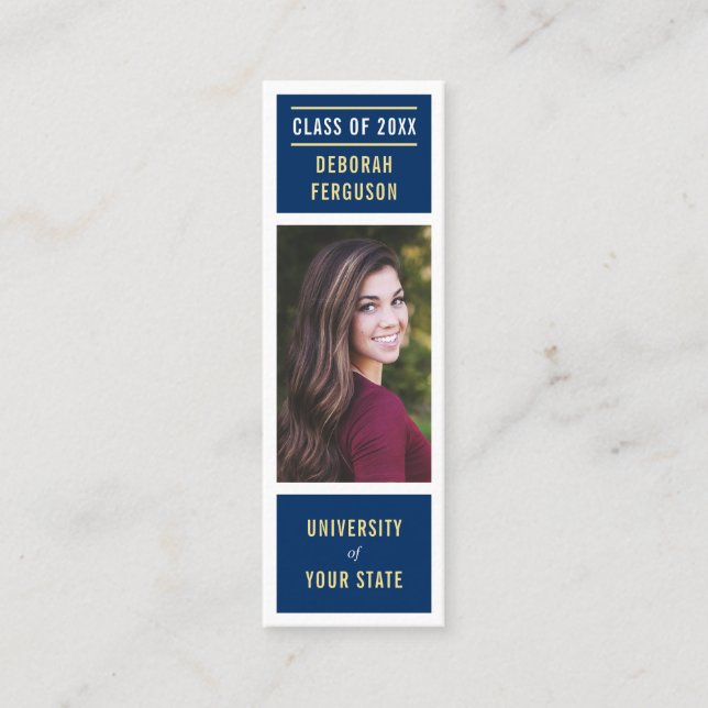 Tarjeta De Presentación Colocación moderna de la graduación en blanco azul (Anverso)