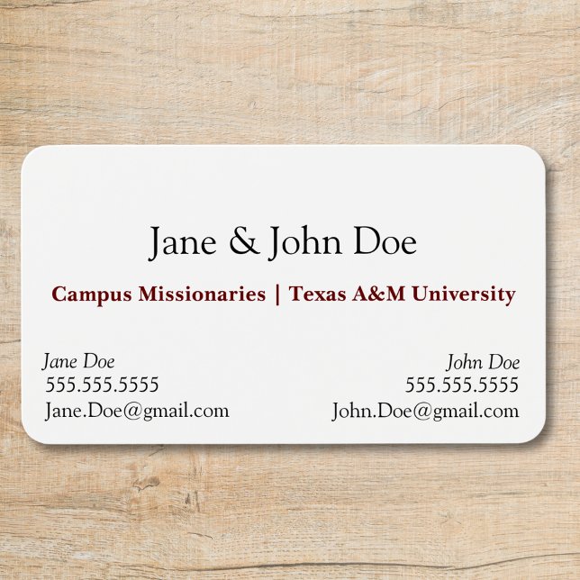 Tarjeta de presentación con mancha para dos nombre (business card with slot for two names professional black and white with maroon text, two contacts)