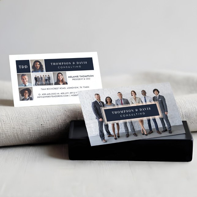 Tarjeta De Presentación Cuadrícula de fotos del equipo de negocios azul de (Modern Navy Blue Business Team Photos Collage Grid Calling Card)