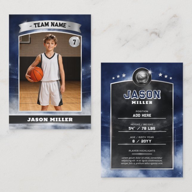 Tarjeta De Presentación Custom Basketball Trading Card Blue Silver Stadium (Anverso / Reverso)