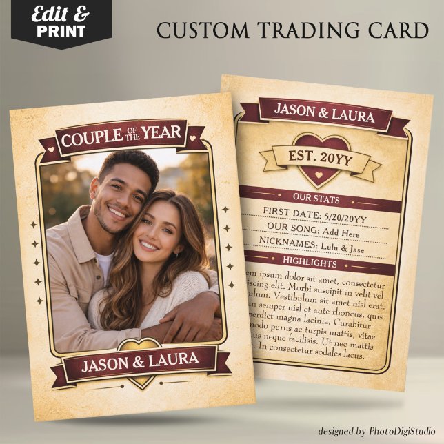 Tarjeta De Presentación Custom Couple Trading Card, Custom Anniversary  (Custom Couple Trading Card, Custom Anniversary Card Vintage Trading Card Couple Keepsake)