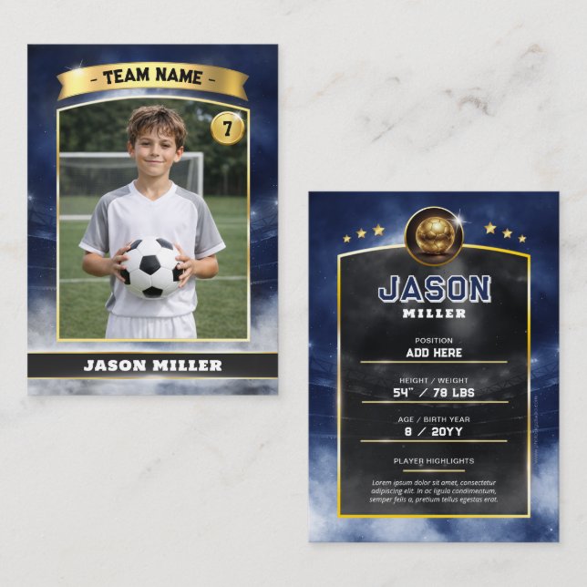 Tarjeta De Presentación Custom Soccer Trading Card, Blue Gold Stadium Call (Anverso / Reverso)