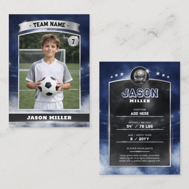 Tarjeta De Presentación Custom Soccer Trading Card, Blue Silver Stadium (Anverso / Reverso)