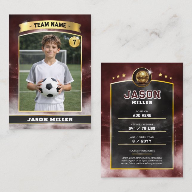 Tarjeta De Presentación Custom Soccer Trading Card, Red Gold Stadium  (Anverso / Reverso)