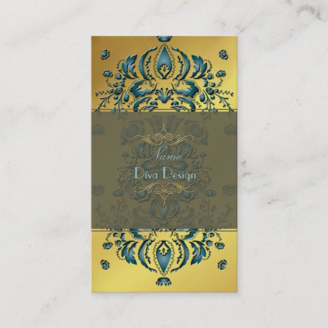 Tarjeta de presentación Damasco floral oro Verde a (Anverso)