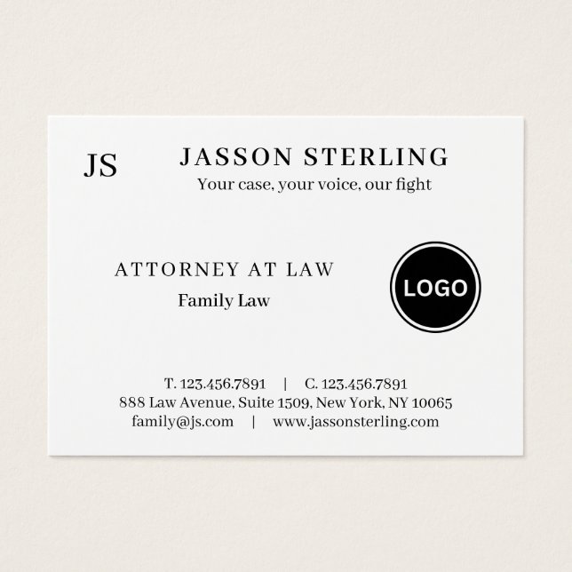 Tarjeta de presentación de abogado con logotipo pe (Frente)