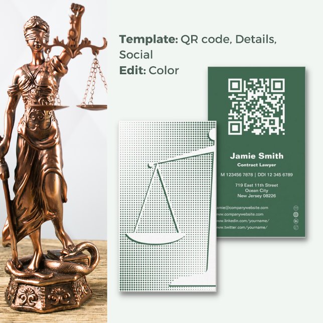 Tarjeta de presentación de abogados de contrato ve (Green Contract Lawyer Business Card, Balance Symbol Halftone Design, QR code, Social Icons)