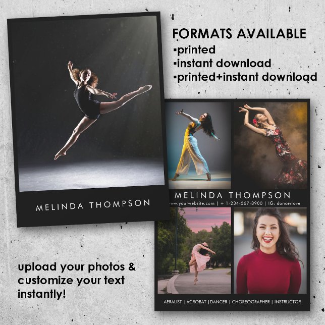 Tarjeta de presentación de bailarín coreógrafo 5 f (Dancer Choreographer Comp Card 5 Photo Headshot)