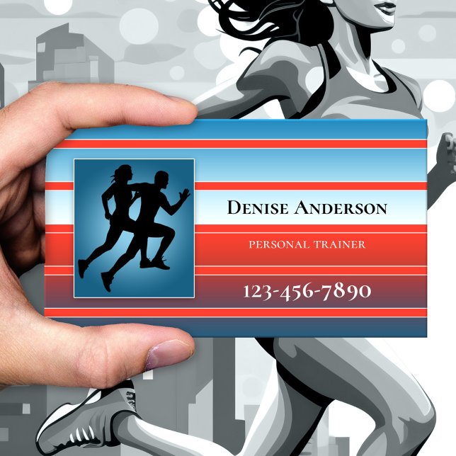 Tarjeta de presentación de cita de entrenador pers (Sports appointment business card featuring joggers on a red and blue striped design - athletic)