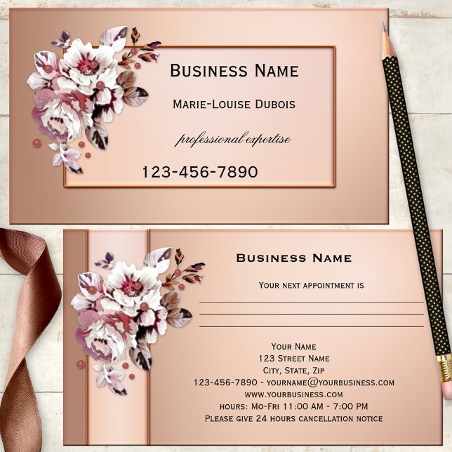 Tarjeta de presentación de citas con moda Rosa Gol (Appointment business card in chic rose gold or red copper metallic with elegant vintage flowers)