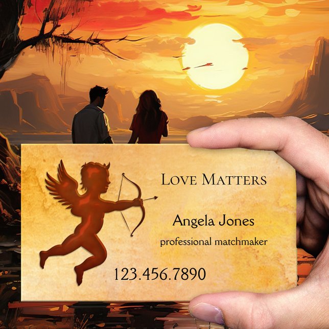 Tarjeta de presentación de citas de Cupid Matchmak (A romantic business card featuring Cupid with his arrow on watercolor - matchmaker - online dating)