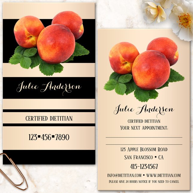 Tarjeta de presentación de citas nutricionistas di (Nutritionist business card featuring a striped design in black and light rose gold with peaches)