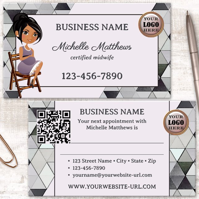 Tarjeta de presentación de citas para parteras de  (Business card for a midwife or doula featuring a watercolor triangle pattern and a pregnant woman)