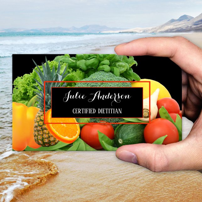 Tarjeta de presentación de comida fresca nutricion (Business card for a nutritional therapist or professional dietitian showing fresh fruits + vegetable)