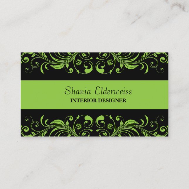 Tarjeta de presentación de Damask verde y negro (Anverso)