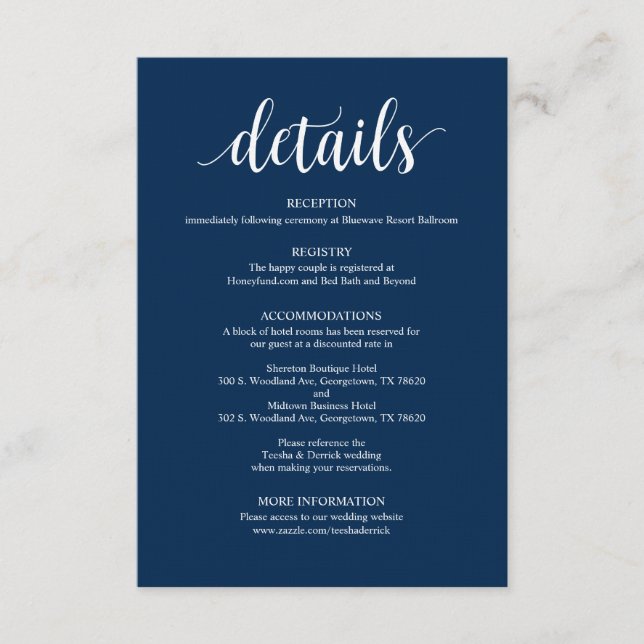 Tarjeta de presentación de detalles de Boda de la  (Anverso)