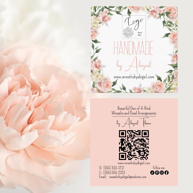 Tarjeta de presentación de diseño artesanal con Ro (Pink Rose Floral Handmade Crafting Logo QR Code Square Business Cards)