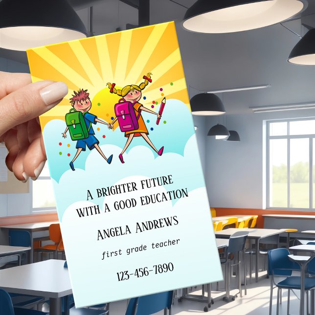 Tarjeta de presentación de docentes de color (A cute colorful business card featuring two schoolchildren with their backpacks - elementary teacher)