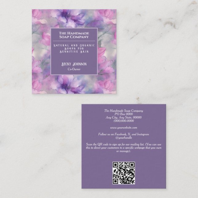 Tarjeta de presentación de flores rosadas y morada (Anverso / Reverso)