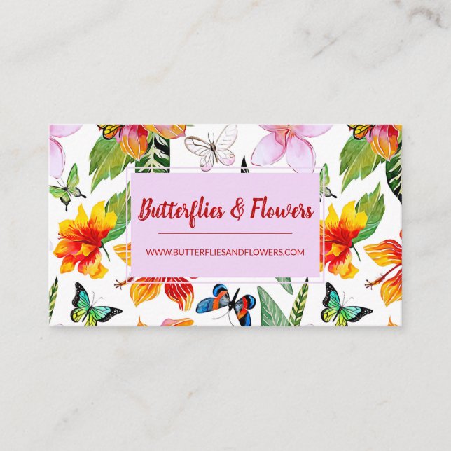Tarjeta de presentación de flores y mariposas trop (Anverso)