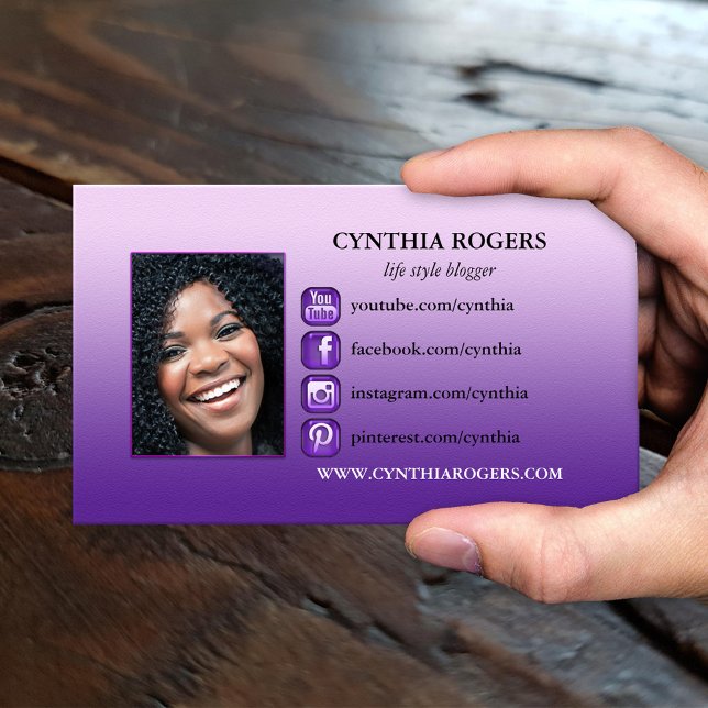 Tarjeta de presentación de fotografías de iconos m (A modern business card showing your own photo framed by a purple design with social media icons)