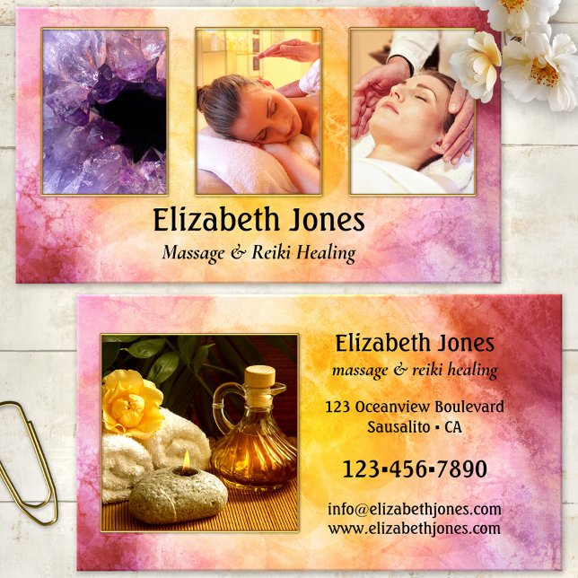 Tarjeta de presentación de fotos de masaje Reiki H (Business card featuring your photos framed by an abstract artistic ocher purple background)