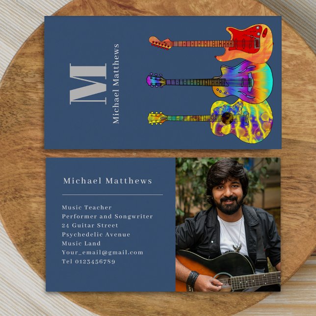 Tarjeta de presentación de fotos de Personalizado  (Modern guitar music teacher professional musician photo blue Business card Colorful guitar art)