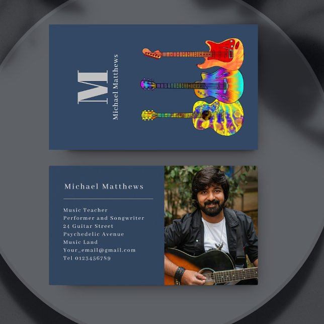 Tarjeta de presentación de fotos de Personalizado  (Modern guitar music teacher photo template business card)