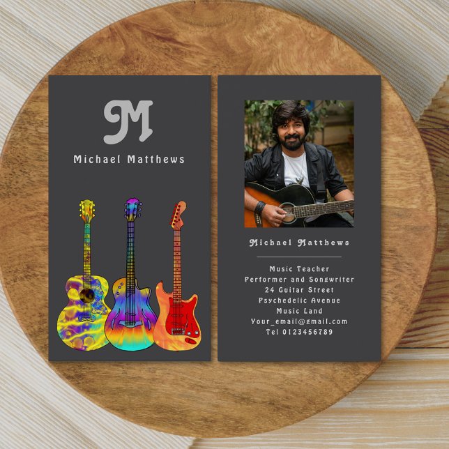 Tarjeta de presentación de fotos de Personalizado  (Retro guitar music tutor custom photo business card)