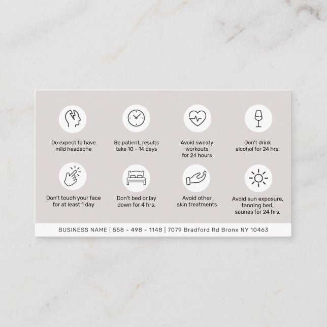 Tarjeta de presentación de instrucciones de Botox  (Reverso)