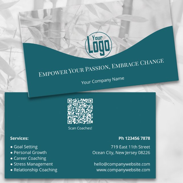 Tarjeta de presentación de la Compañía de Servicio (Teal Life Coach Services Company Business Card, Landscape Format, QR code, Service List)