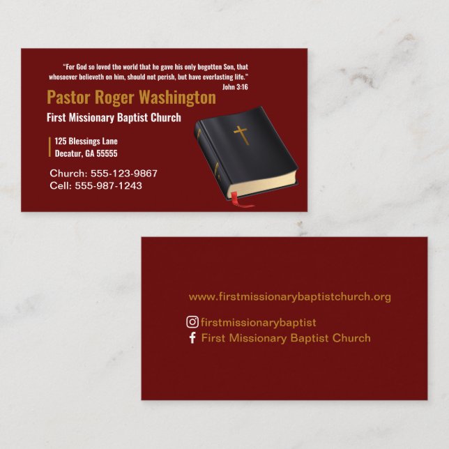 Tarjeta de presentación de la Iglesia de la Biblia (Anverso / Reverso)