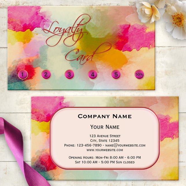 Tarjeta de presentación de la tarjeta de presentac (A vibrant artistic watercolor loyalty business card with dots to mark punch holes or to cross out)