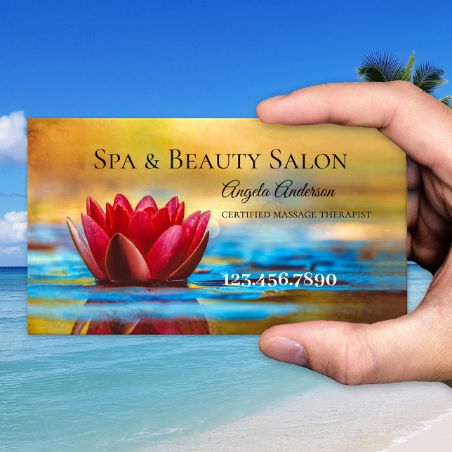 Tarjeta de presentación de masaje de belleza Water (Business card featuring a painting of a colorful water lily. Spa, beauty salon or massage therapist)