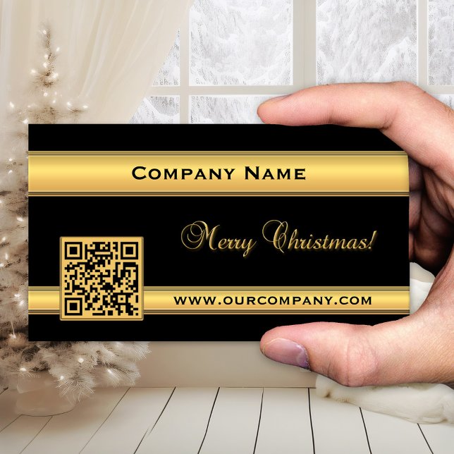 Tarjeta de presentación de moda Gold y Navidades n (Elegant Christmas holidays business card in chic black and gold with QR code template)