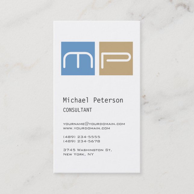 Tarjeta de presentación de Monograma Beige Azul Bl (Anverso)