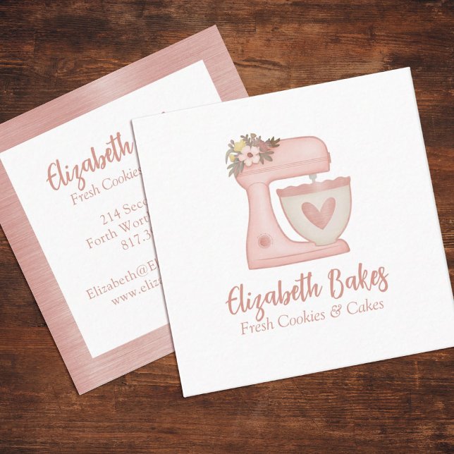 Tarjeta de presentación de panadería de pasteles d (A cute pink  mixer bakery business card. Personalize it with your info.)