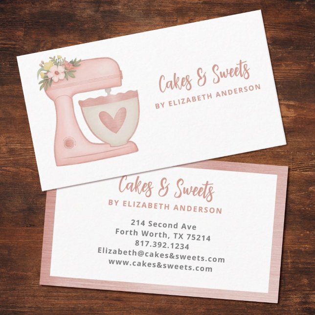 Tarjeta de presentación de panadería de pasteles f (A cute pink mixer business card. Great for a small bakery.)