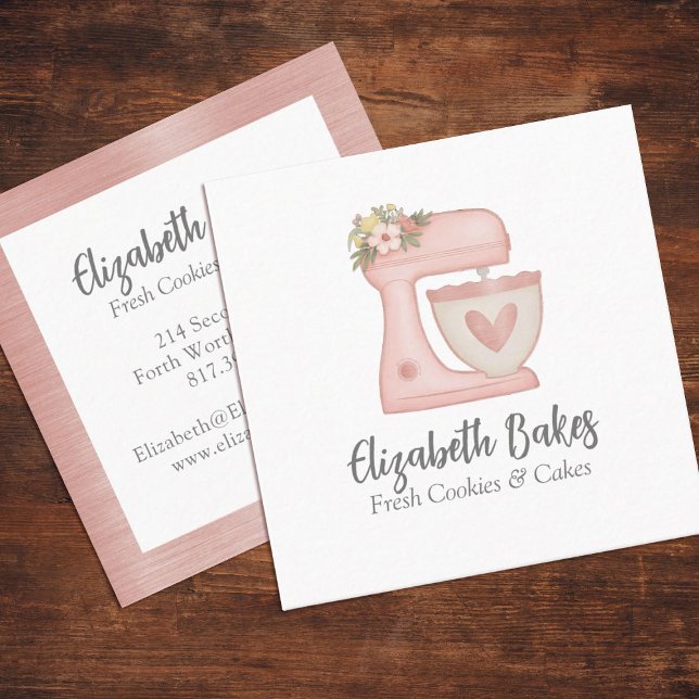 Tarjeta de presentación de panadería de pasteles f (Pink Mixer Bakery Business Card. Personalize it with your small business info.)