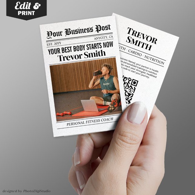 Tarjeta de presentación de periódicos, entrenador  (Newspaper Business Card, Personal Fitness Coach Calling Card)