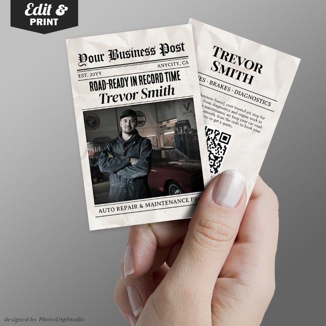 Tarjeta de presentación de periódicos, mecánico de (Newspaper Business Card, Auto Repair Car Mechanic Calling Card)