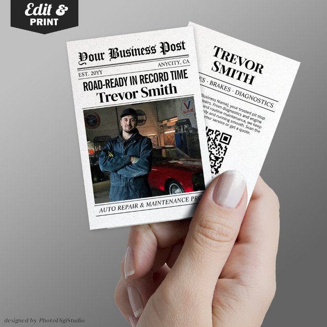 Tarjeta de presentación de periódicos, mecánico de (Newspaper Business Card, Auto Repair Car Mechanic Calling Card)