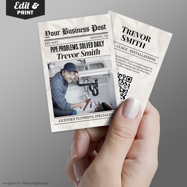 Tarjeta de presentación de periódicos, Plumbing Pr (Newspaper Business Card, Plumber Plumbing Pro Calling Card)