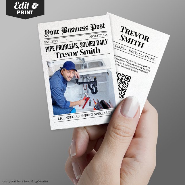 Tarjeta de presentación de periódicos, Plumbing Pr (Newspaper Business Card, Plumber Plumbing Pro Calling Card)