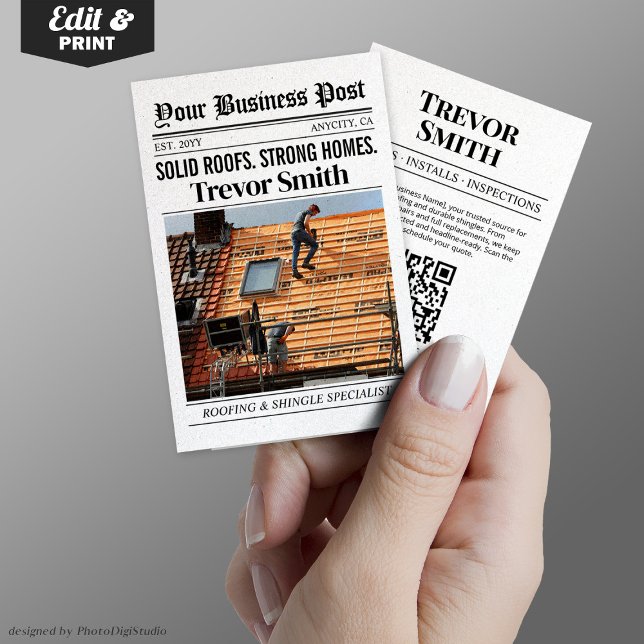 Tarjeta de presentación de periódicos, Roofing Shi (Newspaper Business Card, Barber & Grooming Stylist Calling Card)