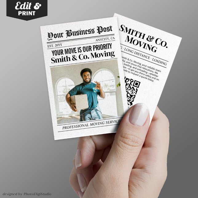 Tarjeta de presentación de periódicos, servicios d (Newspaper Business Card, Packing & Moving Services Calling Card)