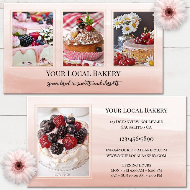 Tarjeta de presentación de postre para panadería d (Sweet bakery photo business card featuring imagery of sweet cakes and desserts on pink watercolor)
