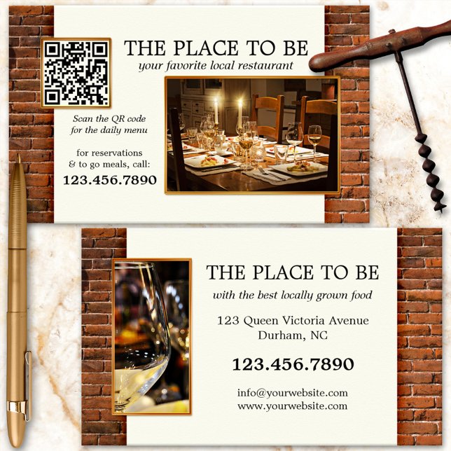 Tarjeta de presentación de QR Code Photo Restauran (Restaurant business card with your custom photos and QR code on a simple chic background)