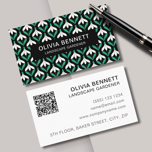 Tarjeta de presentación de Snowdrop geométrica mod (Modern geometric snowdrop floral business cards, perfect for florist or landscape gardener. )