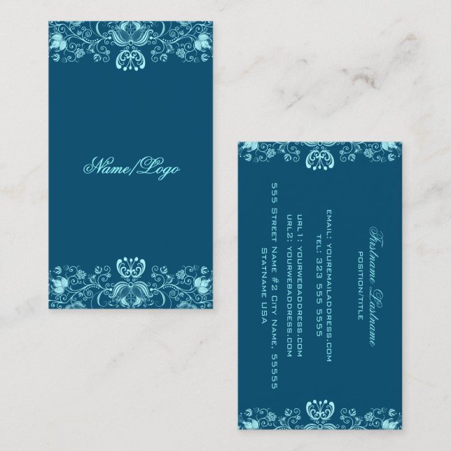 Tarjeta de presentación de Swirls Floral Azul Oscu (Anverso / Reverso)